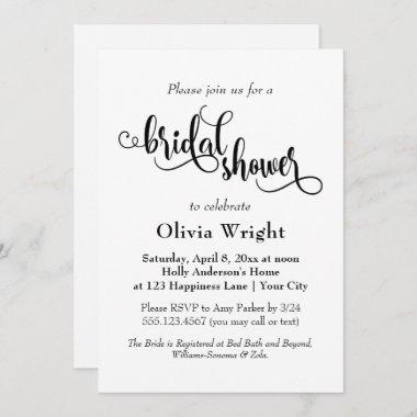 Fancy Script Letters Black & White Bridal Shower Invitations
