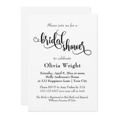 Fancy Script Letters Black & White Bridal Shower Invitations