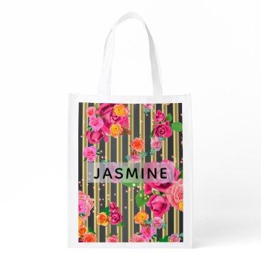 Fancy Stylish Chic Roses On Gold And Black Stripes Grocery Bag
