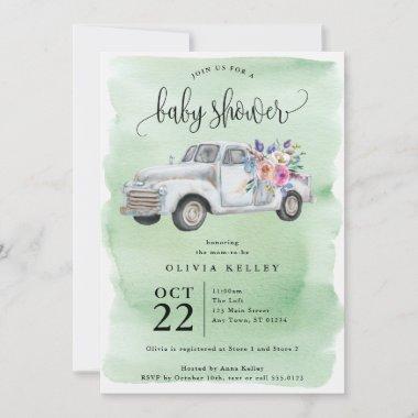 Farm Truck with Flowers, Watercolor Baby Shower Invitations