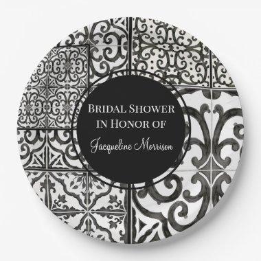 Farmhouse Tile Pattern Black White  Paper Plates