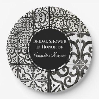 Farmhouse Tile Pattern Black White Bridal Shower Paper Plates