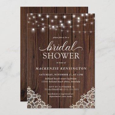 Farmhouse Wood String Lights Lace Bridal Shower Invitations