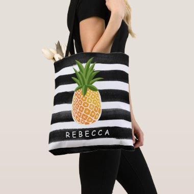 Fashionable Tropical Pineapple Black White Stripes Tote Bag