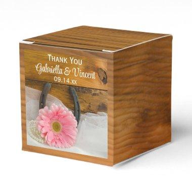 Faux Barn Wood Pink Daisy and Horseshoe Wedding Favor Boxes