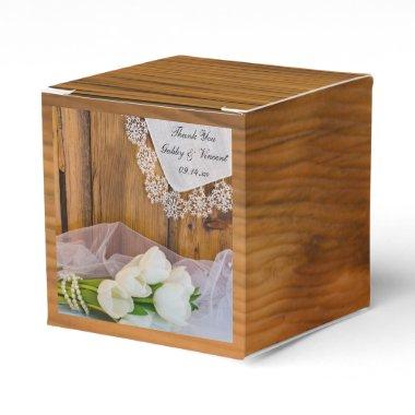 Faux Barn Wood Rustic White Tulips Barn Wedding Favor Boxes