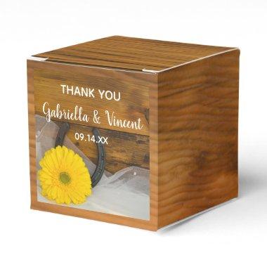 Faux Barn Wood Yellow Daisy and Horseshoe Wedding Favor Boxes