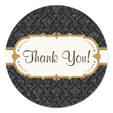Faux Black Gold Glitter Damask Wedding Stationery Classic Round Sticker