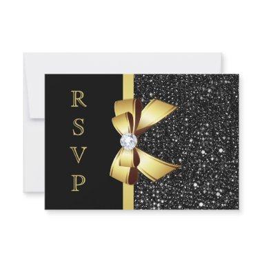 Faux Black Sequins Gold Bow RSVP