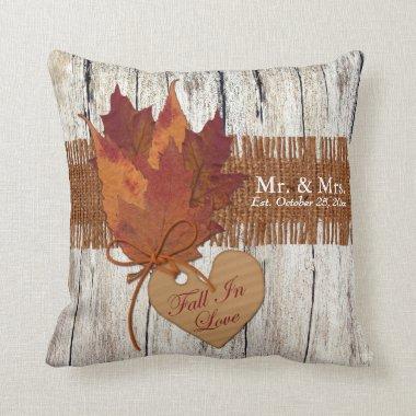 FAUX Burlap, Wood, Leaves Heart Wedding Pillow