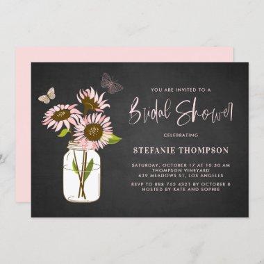 Faux Chalkboard Pink Sunflowers Bridal Shower Invitations