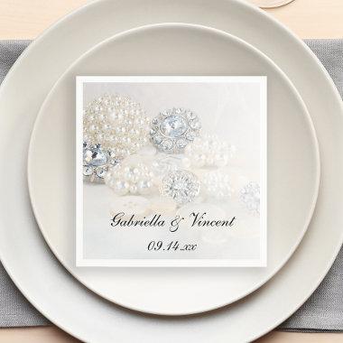 Faux Diamond and White Pearl Buttons Wedding Paper Napkins
