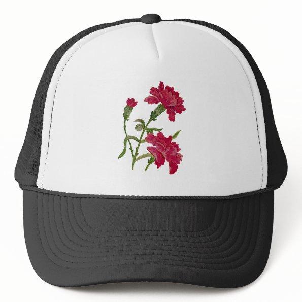 Faux Embroidered Red Carnations Trucker Hat