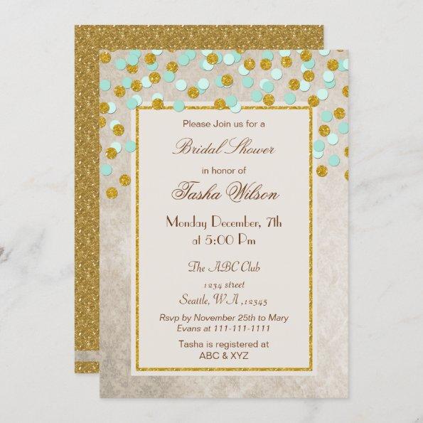 FAUX Glitter Mint Gold confetti Bridal Shower Invitations
