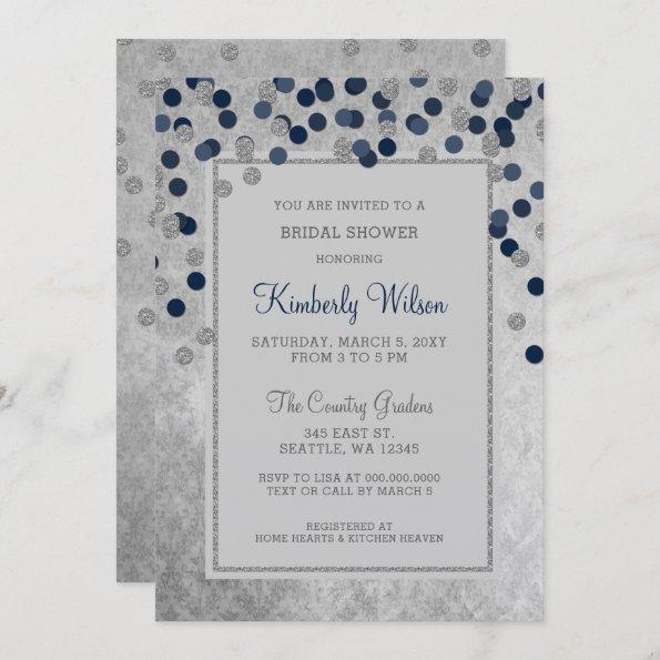 FAUX Glitter Silver Navy confetti Bridal Shower Invitations