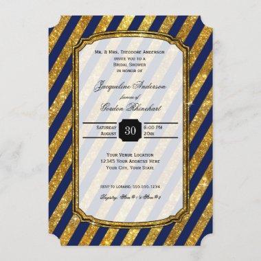 Faux Gold Art Deco Navy Blue Stripes Bridal Shower Invitations