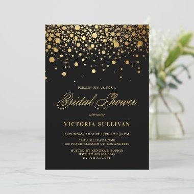 Faux Gold Foil Confetti Black Bridal Shower Invitations