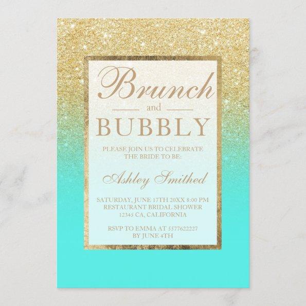 Faux gold glitter aqua brunch bubbly bridal shower Invitations