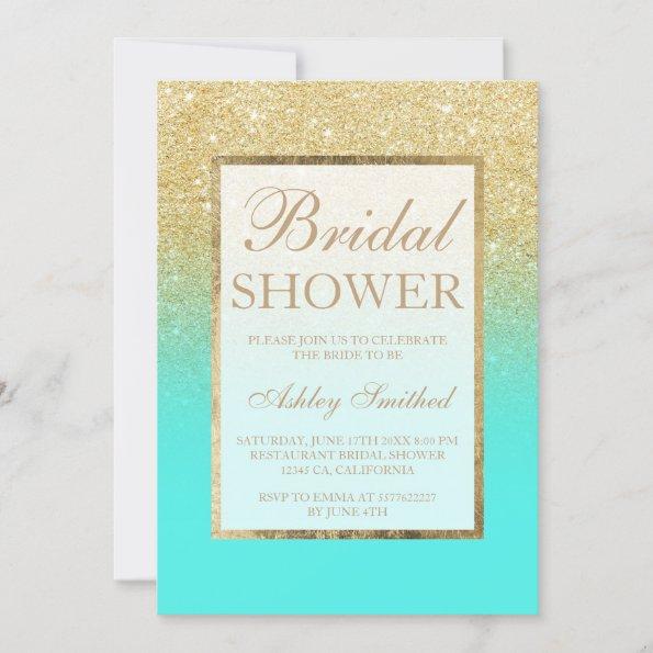 Faux gold glitter aqua elegant chic Bridal shower Invitations