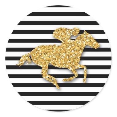 Faux Gold Glitter Horse on Black and White Stripes Classic Round Sticker
