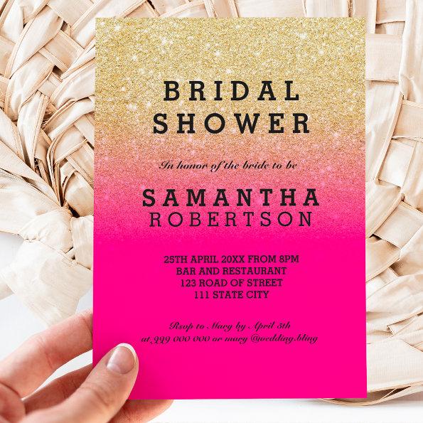 Faux gold glitter neon pink ombre bridal shower Invitations