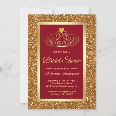 Faux Gold Glitter Tiara Princess Red Bridal Shower Invitations