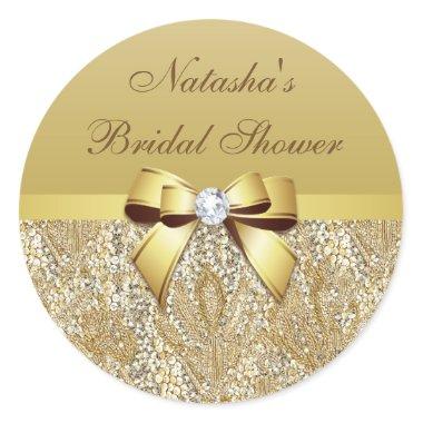 Faux Gold Sequins Bow Diamond Bridal Shower Classic Round Sticker