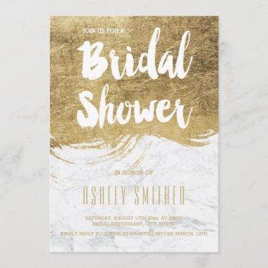 Faux gold typography brush marble bridal shower Invitations