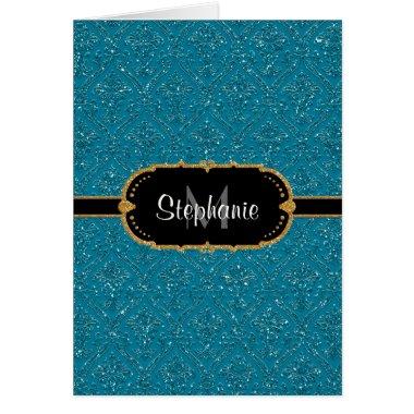 Faux Peacock Blue Gold Glitter Damask Ticket Style
