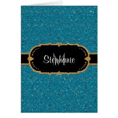 Faux Peacock Blue Gold Glitter Damask Ticket Style