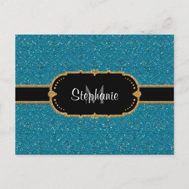 Faux Peacock Blue Gold Glitter Damask Ticket Style Announcement PostInvitations