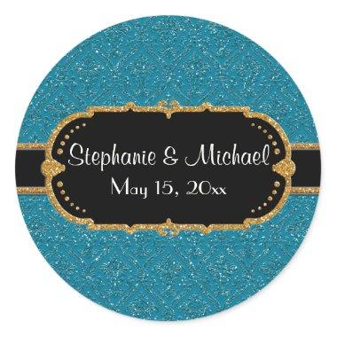 Faux Peacock Blue Gold Glitter Damask Ticket Style Classic Round Sticker