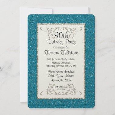 Faux Peacock Blue Gold Glitter Damask Ticket Style Invitations