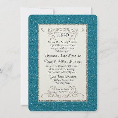 Faux Peacock Blue Gold Glitter Damask Ticket Style Invitations