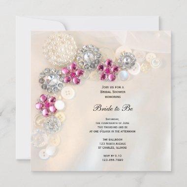Faux Pearl and Pink Diamond Buttons Bridal Shower Invitations