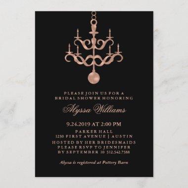 Faux Rose Gold Chandelier on Black Bridal Shower Invitations