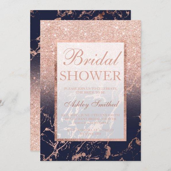Faux rose gold glitter navy marble Bridal shower Invitations