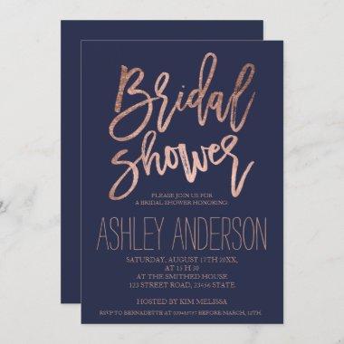 Faux rose gold typography blue bridal shower Invitations
