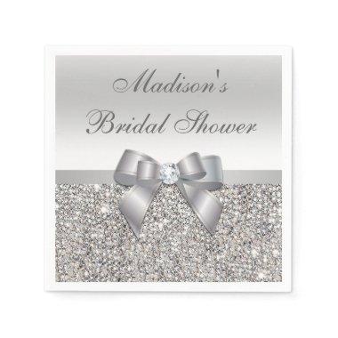 Faux Silver Sequins Bow Personalized Bridal Shower Napkins
