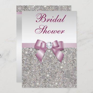 Faux Silver Sequins Burgandy Bow Bridal Shower Invitations