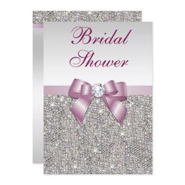 Faux Silver Sequins Burgandy Bow Bridal Shower Invitations