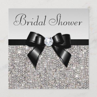 Faux Silver Sequins Chic Black Bow Bridal Shower Invitations