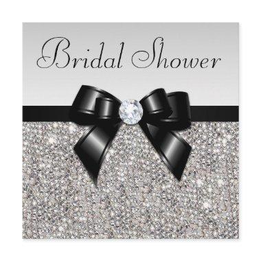 Faux Silver Sequins Chic Black Bow Bridal Shower Invitations