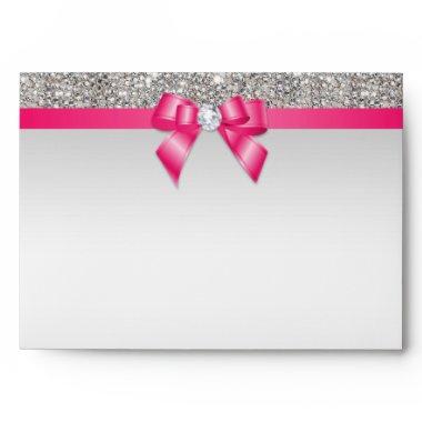 Faux Silver Sequins Diamonds Hot Pink Bow Envelope