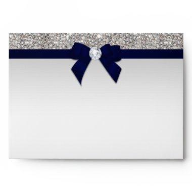 Faux Silver Sequins Diamonds Navy Blue Bow Envelope