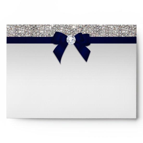 Faux Silver Sequins Diamonds Navy Blue Bow Envelope