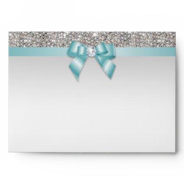 Faux Silver Sequins Diamonds Teal Bow Envelope