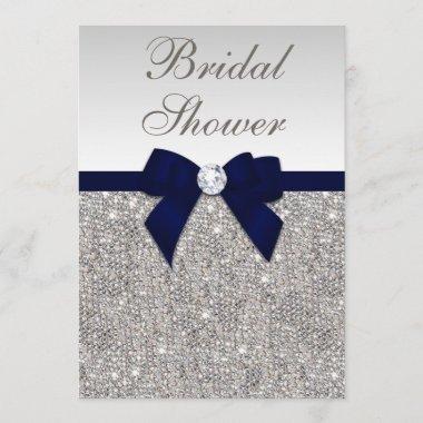 Faux Silver Sequins Navy Bow Bridal Shower Invitations