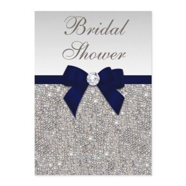 Faux Silver Sequins Navy Bow Bridal Shower Invitations