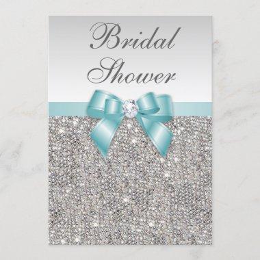 Faux Silver Sequins Teal Blue Bridal Shower Invitations